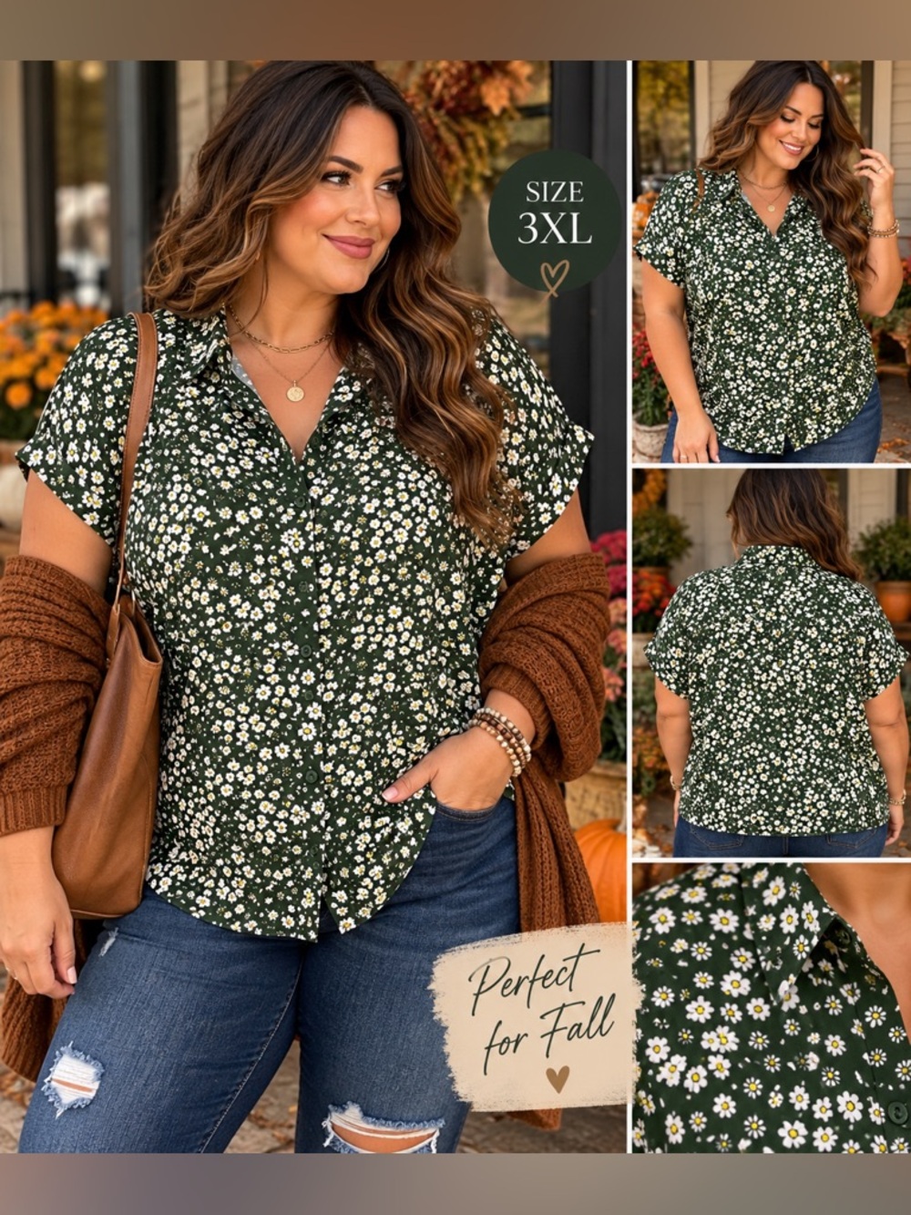 No Boundaries 3XL Green Daisy Floral Button-Up Top 🌼🍂